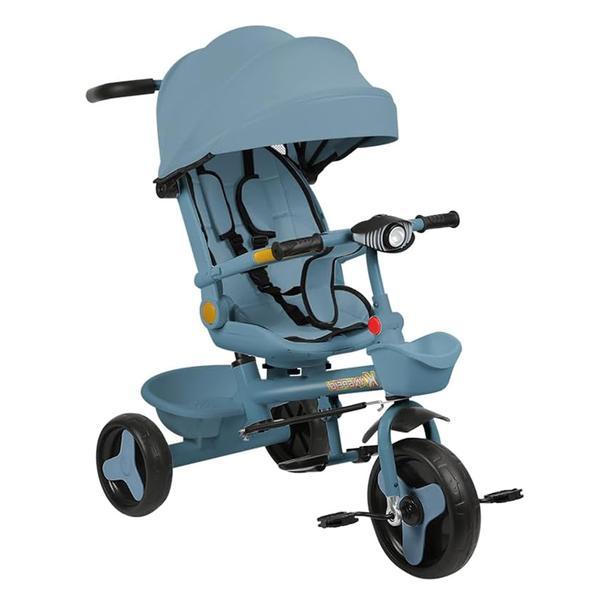 Tricicleta copii 4 in 1 cu maner parental, Stil carucior cu scaun pliabil pe spate, copertina si LED, Albastra, 1-5 ani