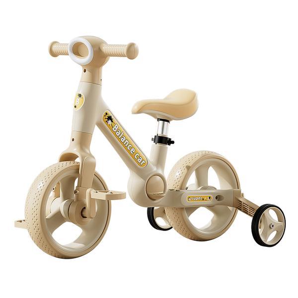 Bicicleta cu roti ajutatoare 2-4 ani, Crem, 10 inch, 2 in 1 Transformabila in bicicleta fara pedale, Lanterna far led