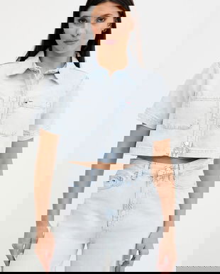 Tommy Jeans cămașă de bumbac bluză albastră standard pentru femei cu guler clasic DW0DW21072