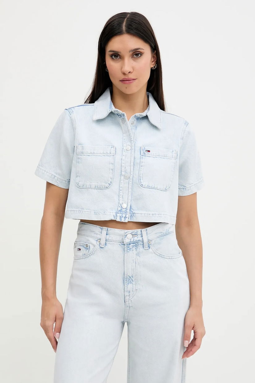 Tommy Jeans cămașă de bumbac bluză albastră standard pentru femei cu guler clasic DW0DW21072