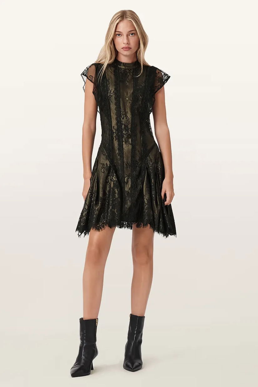 AllSaints rochie FLEUR culoarea negru, mini, evazați, W132DD