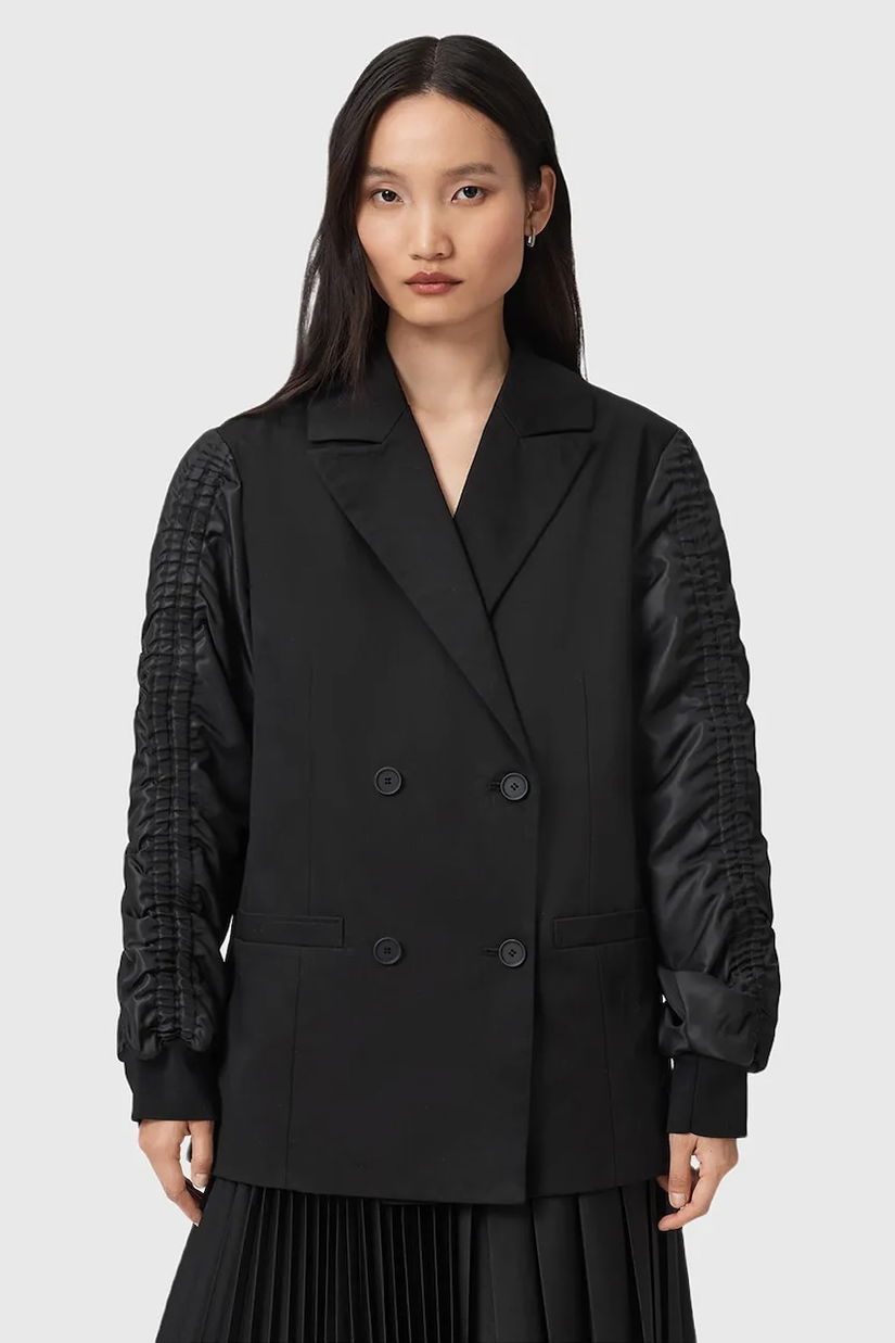 AllSaints sacou LORNA culoarea negru, cu doua rânduri de nasturi, uni, W009OD