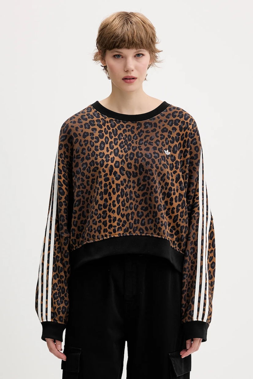 adidas Originals hanorac de bumbac Leopard culoarea maro, cu imprimeu, JW7303