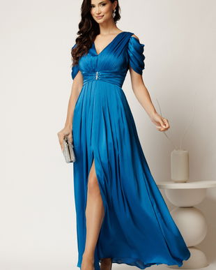 Rochie lunga albastra din voal cu strasuri in talie