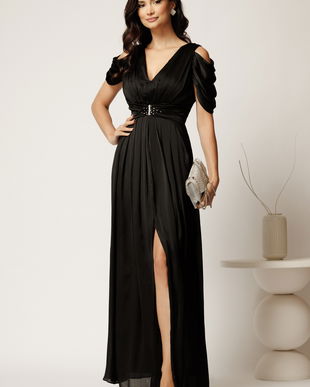 Rochie lunga neagra din voal cu strasuri in talie