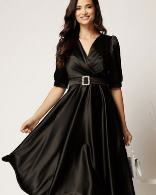 Rochie midi neagra din tafta cu decolteu in V si cordon cu catarama