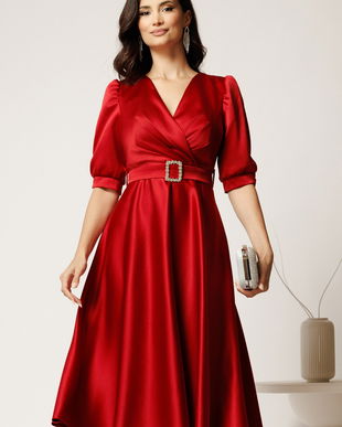 Rochie midi rosie din tafta cu decolteu in V si cordon cu catarama