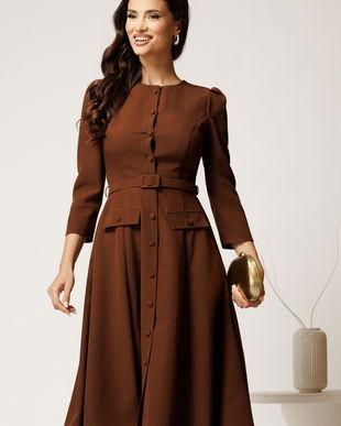 Rochie DY Fashion midi maro din stofa clos cu nasturi si curea