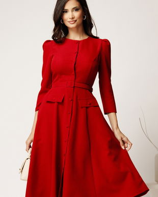Rochie DY Fashion midi rosie din stofa clos cu nasturi si curea