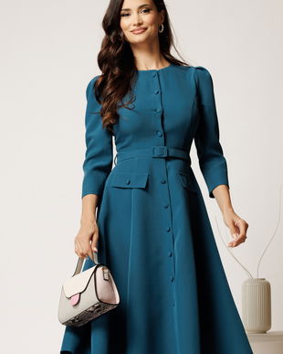 Rochie DY Fashion midi albastru petrol din stofa clos cu nasturi si curea