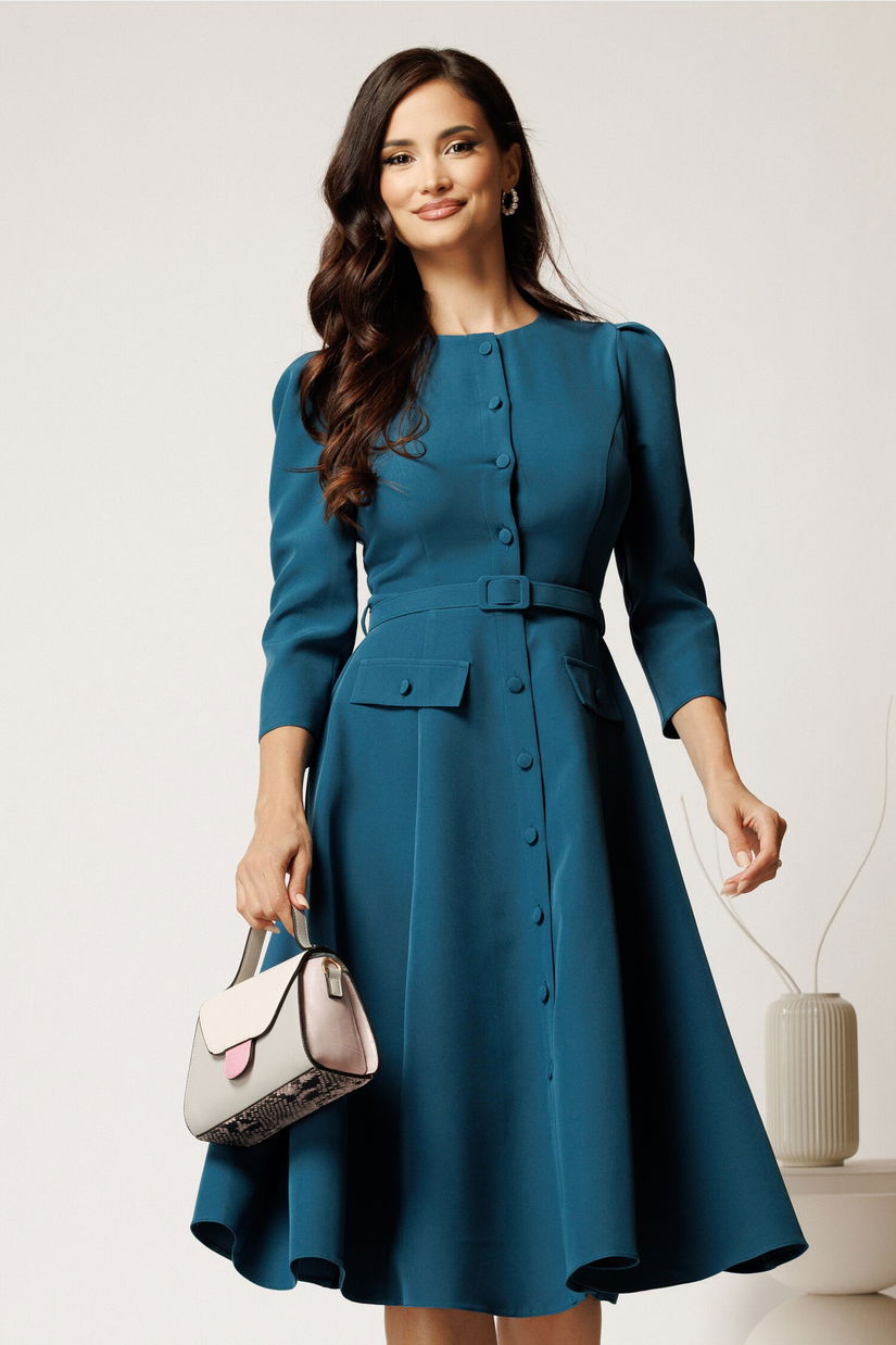 Rochie DY Fashion midi albastru petrol din stofa clos cu nasturi si curea