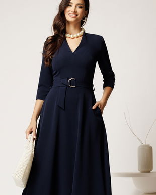 Rochie midi bleumarin din stofa cu cordon in talie
