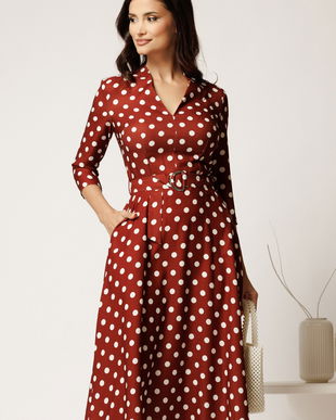 Rochie midi maro cu buline din stofa cu cordon in talie