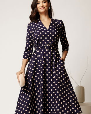 Rochie midi bleumarin cu buline din stofa cu cordon in talie