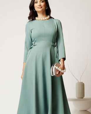 Rochie midi verde mint din stofa in clos cu catarame in talie