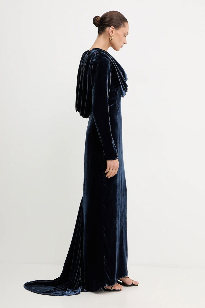 Rotate rochie din amestec de mătase culoarea albastru, maxi, dreaptă 1149191192