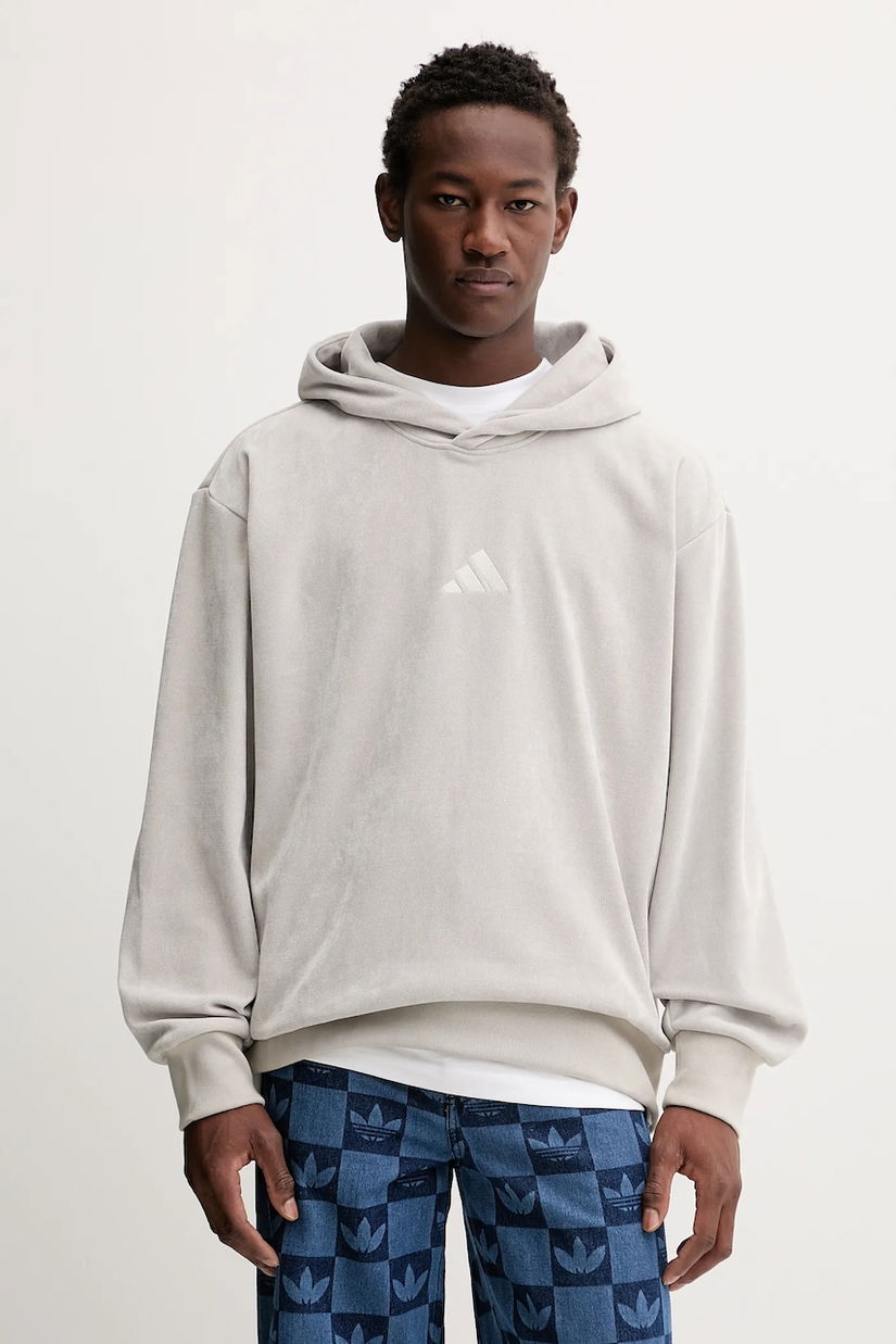 adidas bluză All Szn Luxe culoarea bej, cu glugă, cu imprimeu, KC5884