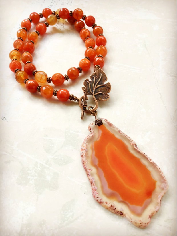 Colier vintage felie agata & agate portocalii