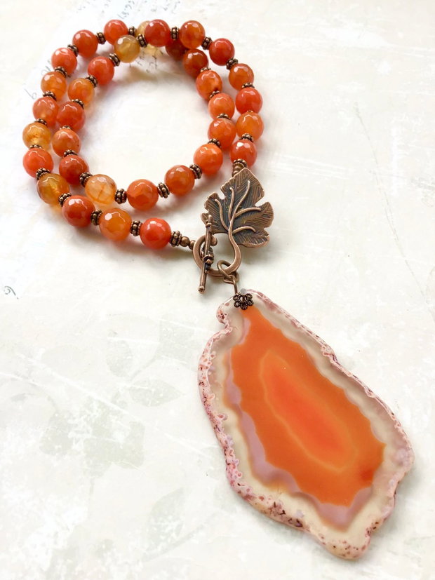 Colier vintage felie agata & agate portocalii