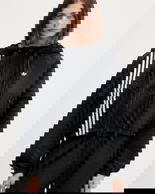 adidas Originals bluză Ribbon Off Placed 3 Stripes Tracktop culoarea negru, cu glugă, cu imprimeu, JX2698