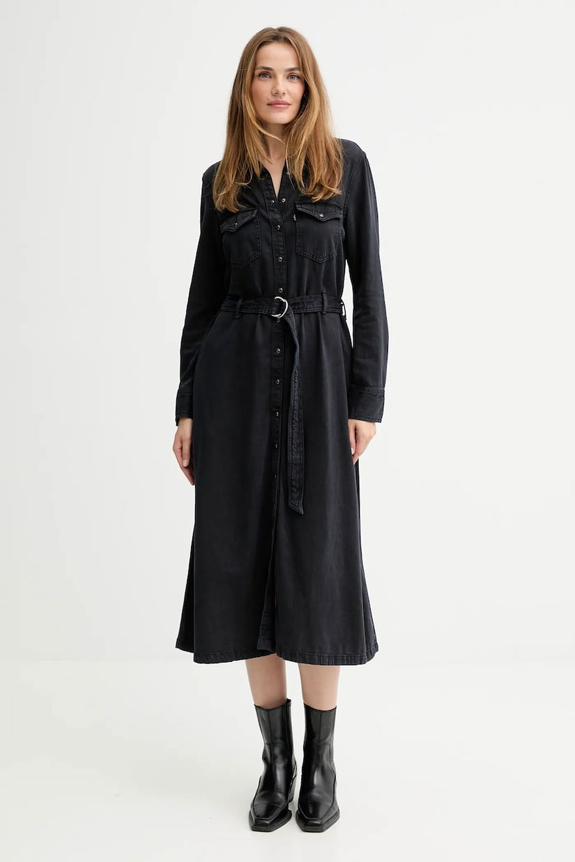 Levi's rochie jeans culoarea negru, midi, evazați, 004H3