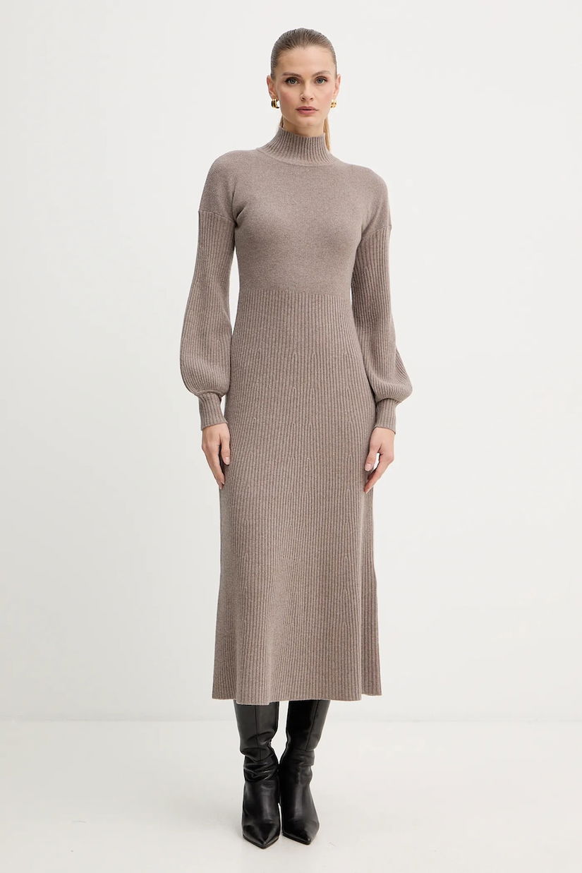 Luisa Spagnoli rochie din lână culoarea maro, maxi, mulată, 100209
