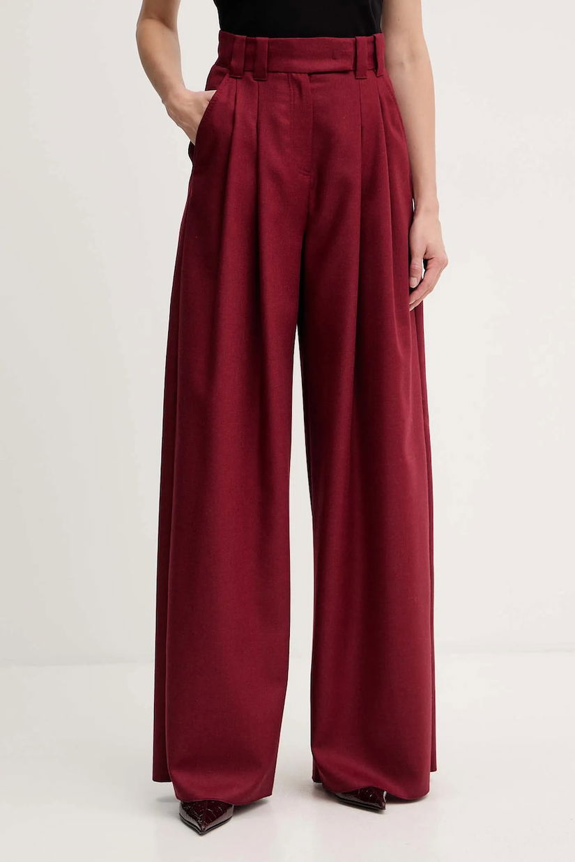Marella pantaloni de lână culoarea bordo, lat, high waist, 2523136182200