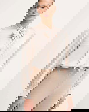 Joop! cămașă culoarea bej, cu un decolteu legat, relaxed, 30048645