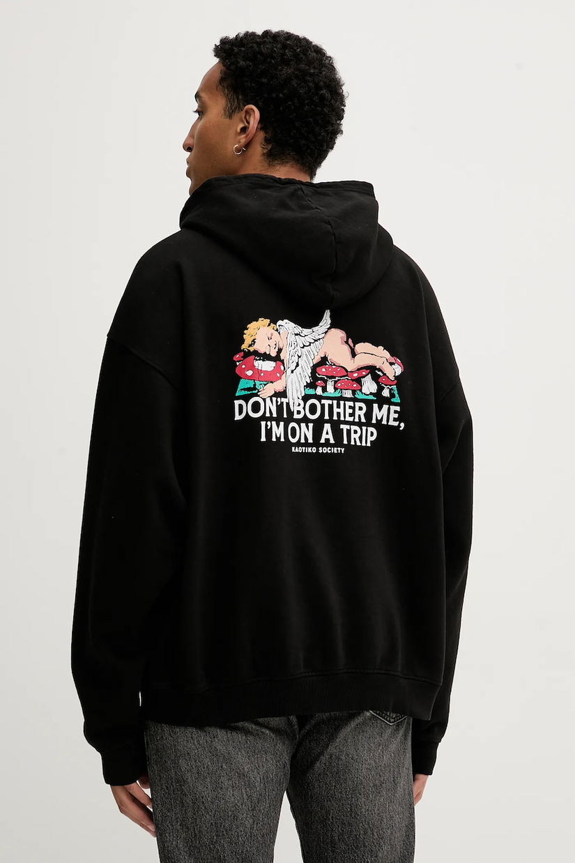 Kaotiko hanorac de bumbac culoarea negru, cu glugă, cu imprimeu, AR001-02-G002