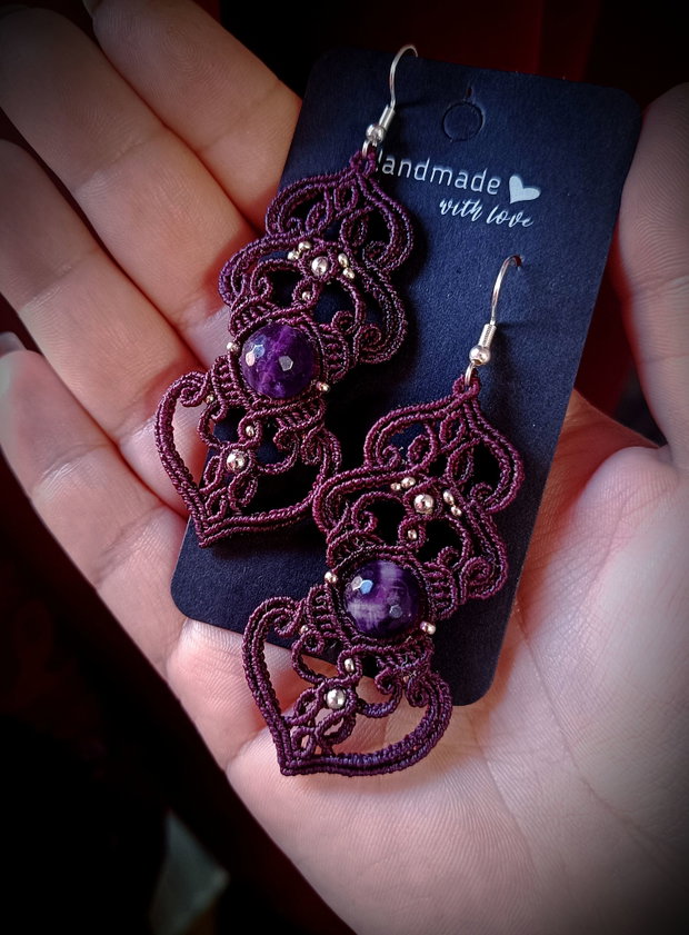 Cercei bohemian micromacrame cu ametist