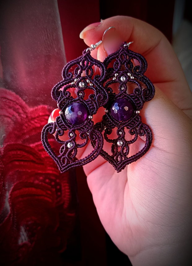 Cercei bohemian micromacrame cu ametist