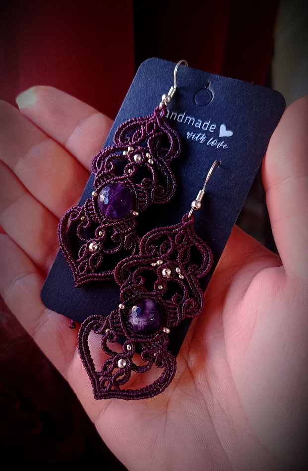 Cercei bohemian micromacrame cu ametist
