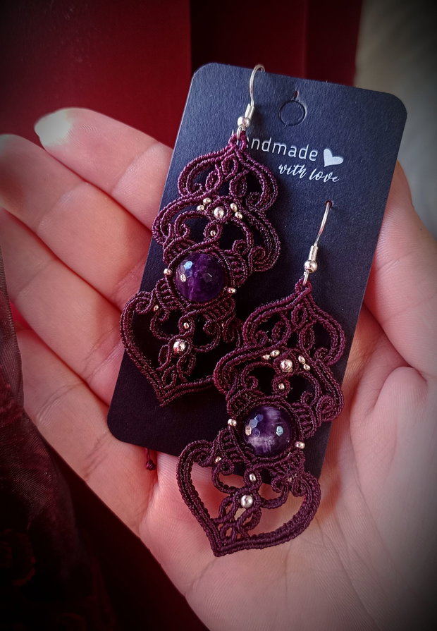 Cercei bohemian micromacrame cu ametist