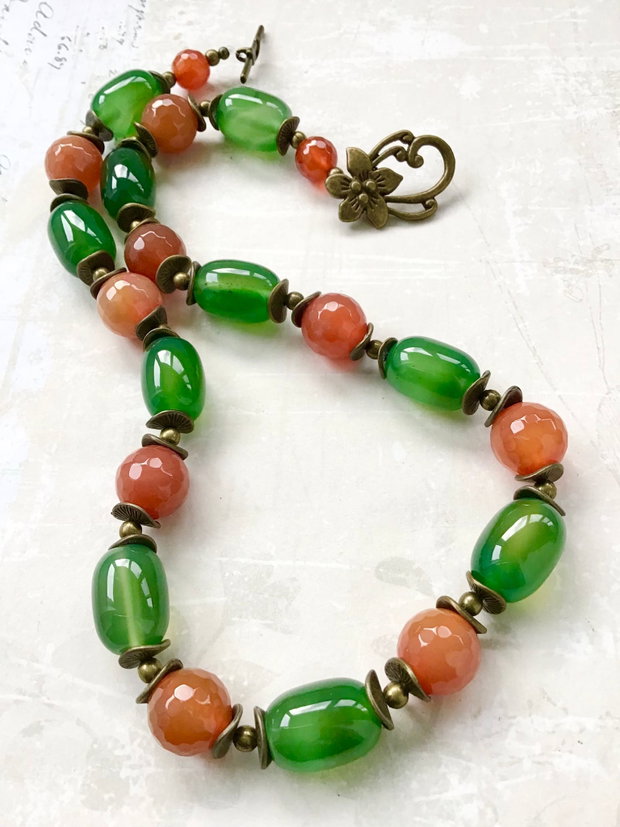Colier vintage agate verzi & carneol