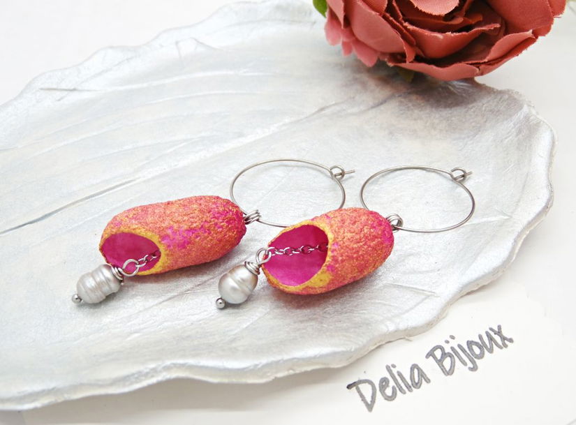 Cercei handmade din coconi de mătase cu perlă naturală (cod1308)