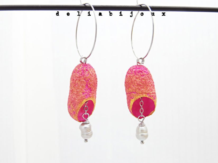 Cercei handmade din coconi de mătase cu perlă naturală (cod1308)