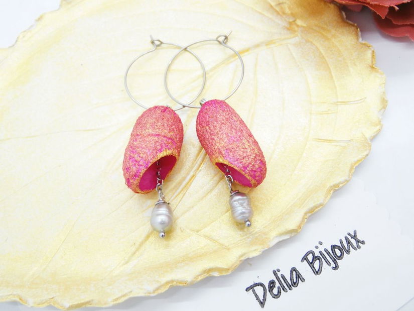 Cercei handmade din coconi de mătase cu perlă naturală (cod1308)