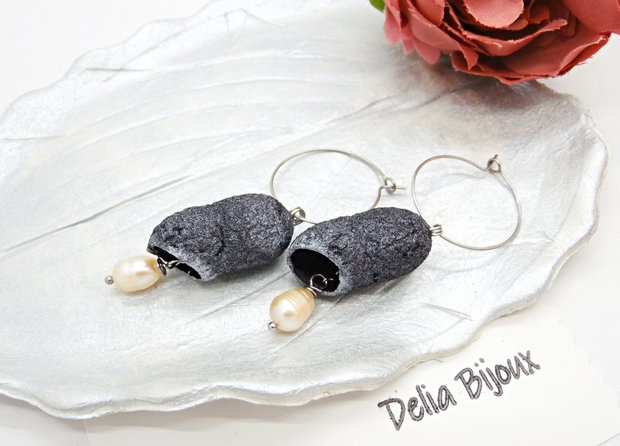 Cercei handmade din coconi de mătase cu perlă naturală (cod1309)