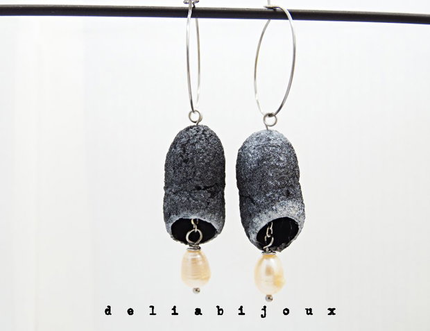 Cercei handmade din coconi de mătase cu perlă naturală (cod1309)