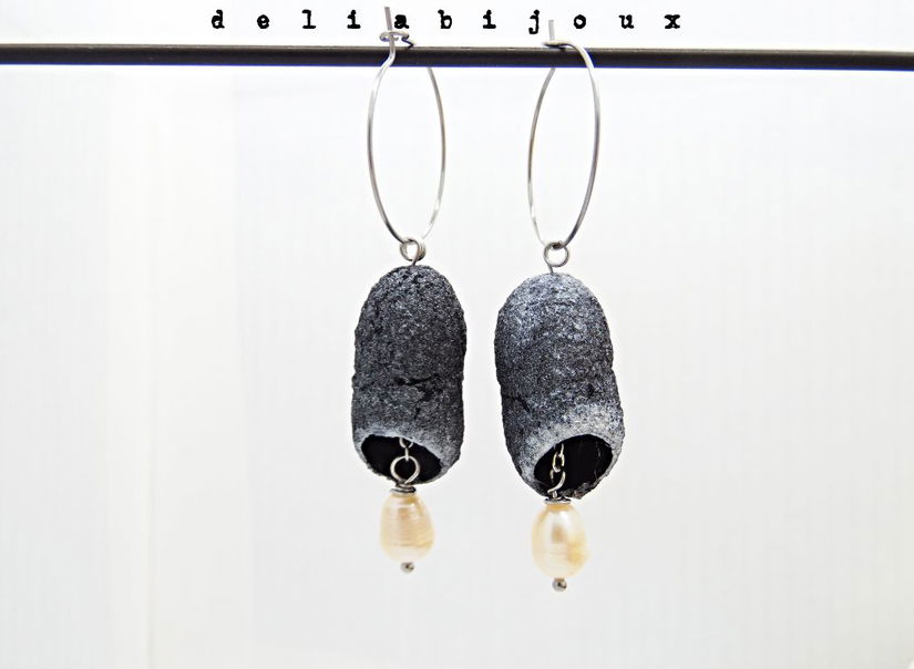 Cercei handmade din coconi de mătase cu perlă naturală (cod1309)