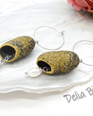 Cercei handmade din coconi de mătase cu perlă naturală (cod1310)