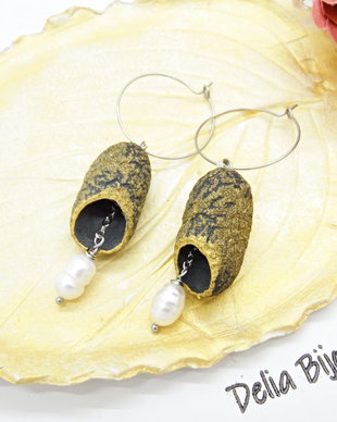 Cercei handmade din coconi de mătase cu perlă naturală (cod1310)