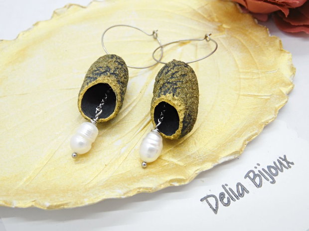Cercei handmade din coconi de mătase cu perlă naturală (cod1310)