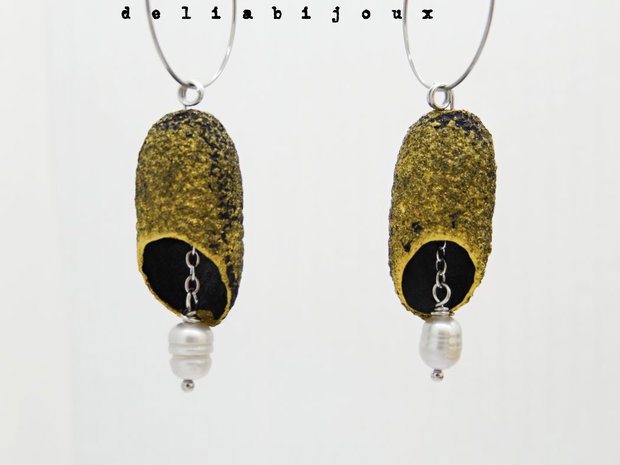 Cercei handmade din coconi de mătase cu perlă naturală (cod1311)