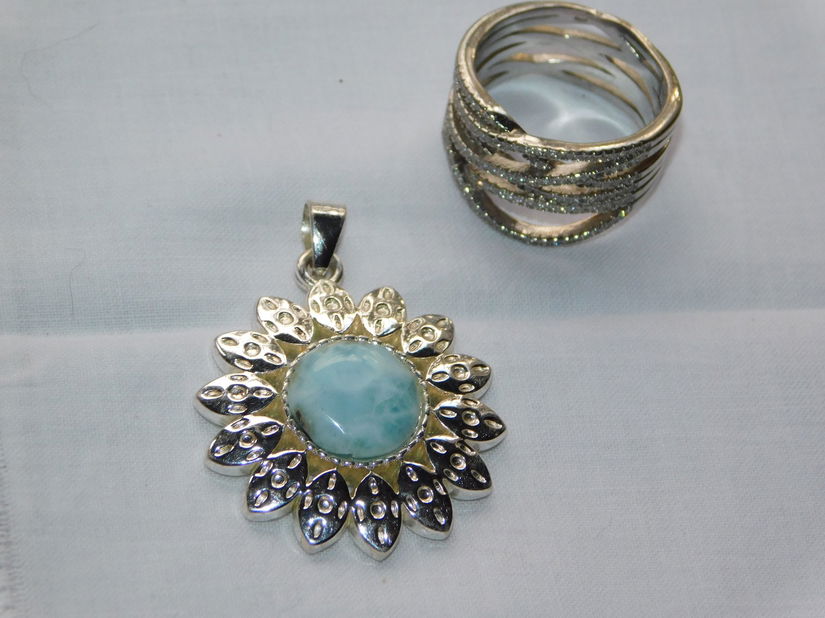 Pandant argint masiv , piatra mare  larimar Republica  Dominicana,  cadou inel  nou argint