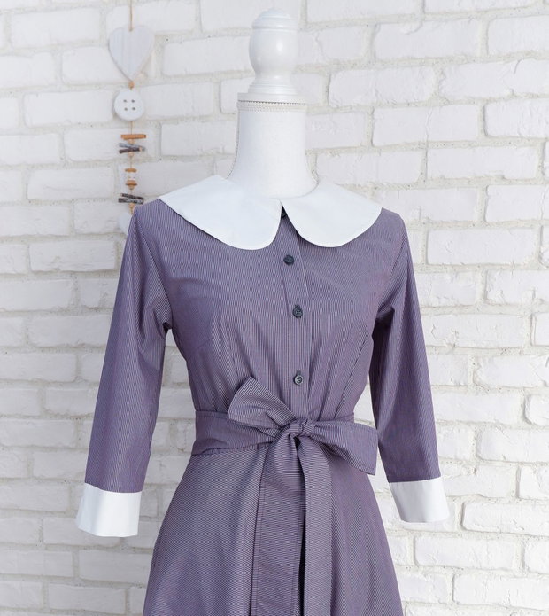 Rochie Camasa Denim cu Dungi si Guler Mare Rotund Alb