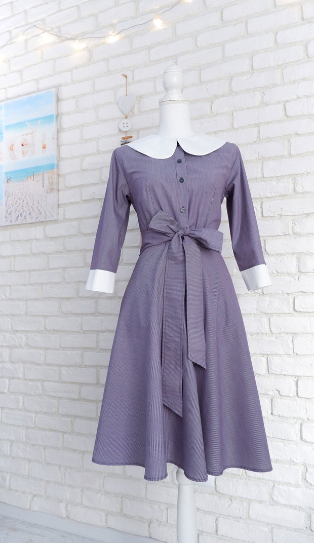 Rochie Camasa Denim cu Dungi si Guler Mare Rotund Alb
