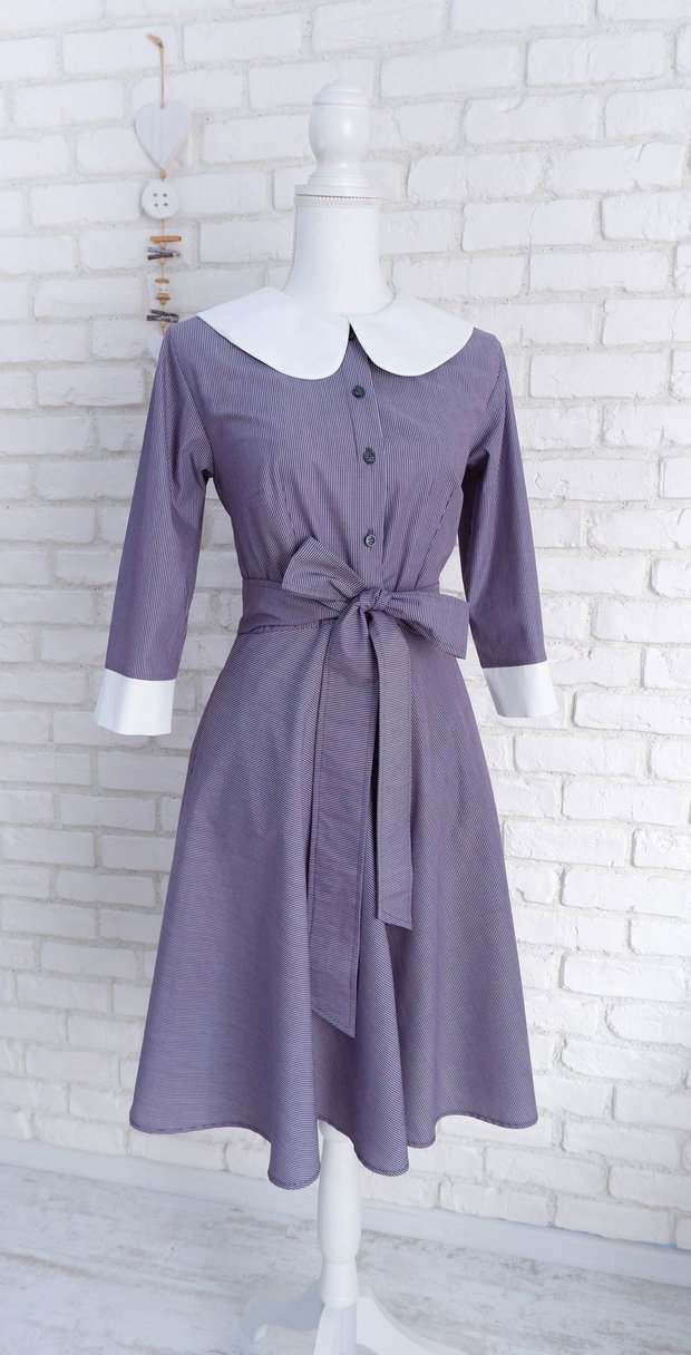 Rochie Camasa Denim cu Dungi si Guler Mare Rotund Alb