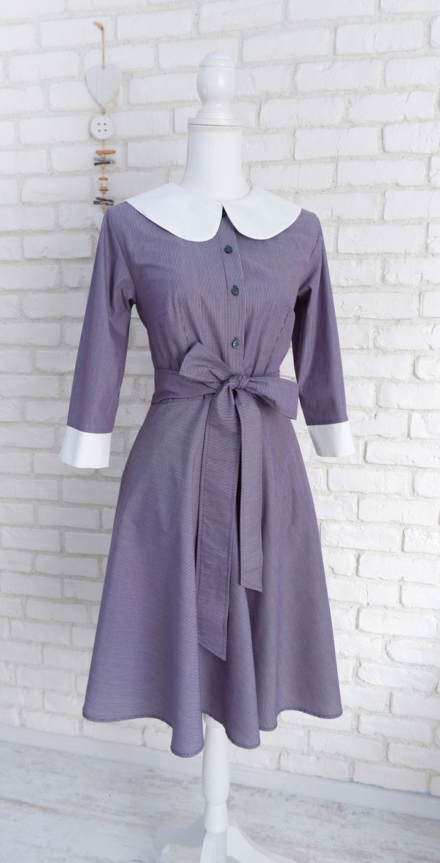 Rochie Camasa Denim cu Dungi si Guler Mare Rotund Alb