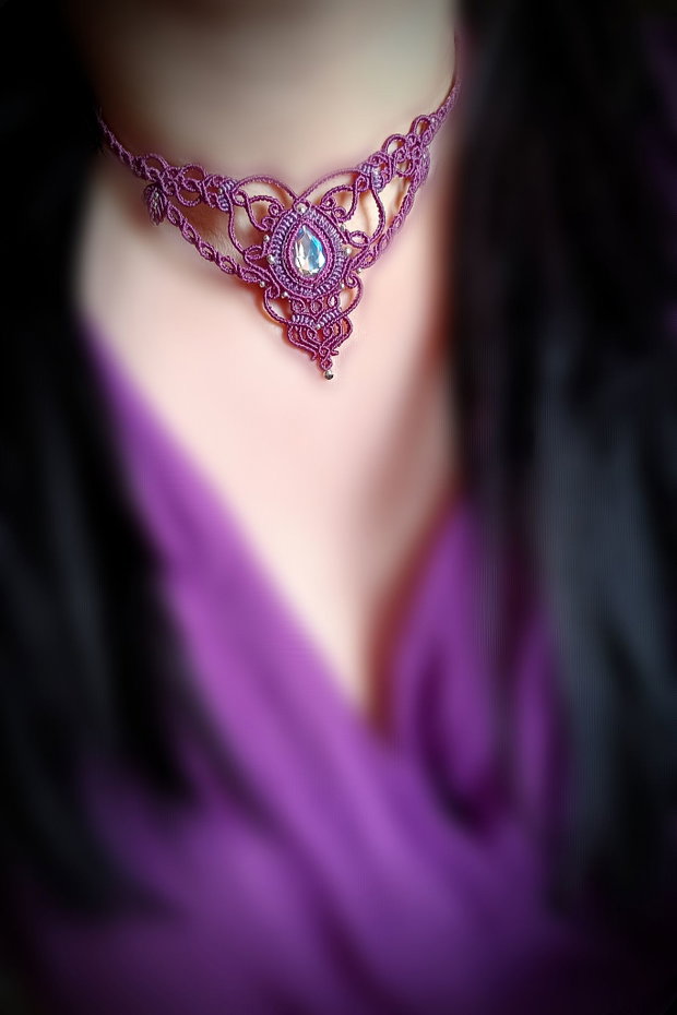 Colier frunze magenta Swarovski micromacrame